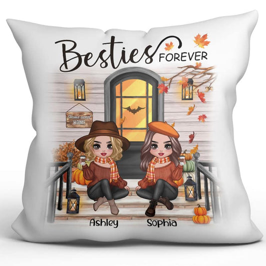 Fall Season Best Friends Sisters Front Porch Personalized Pillow (Insert Included)